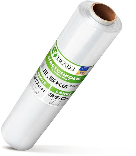 V1 Trade Stretchfolie Transparent Strechfolienrolle - Wickelfolie - Handstretchfolie 350 m/50 cm Verpackungsmaterial - Verpackungsfolie auf Rolle - Folie Für Möbel - Folien Für Umzug - Umzugsfolie