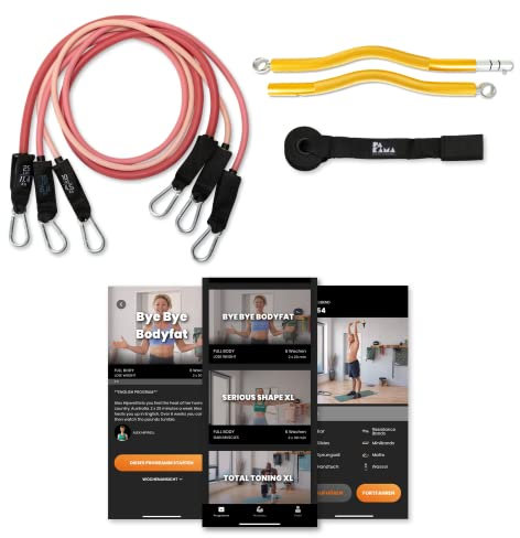 PAKAMA - Premium Widerstandsbänder Set inkl. SZ-Stange (Bar) für Home Workout & Krafttraining Zuhause (Pink) - Resistance Bands in 4,5kg, 6,8kg und 11,4kg - Fitness-Bänder für bis zu 80kg Widerstand