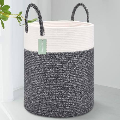 BOSROTY Large Blanket Basket, Tall Laundry Hamper 65L, Nursery Basket with Handles for Storage Toys Clothes Towels, Cotton Rope Woven Organiser, 40 x 50 CM White & Black