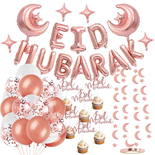 42PCS Eid Mubarak Dekoration, rosa Eid Mubarak Folie Ballon Banner und Latex Ballons Mond Sterne Papier Banner Stücke Urlaub Dekorationen, islamische Rose Gold Party Supplies für Home Decoration