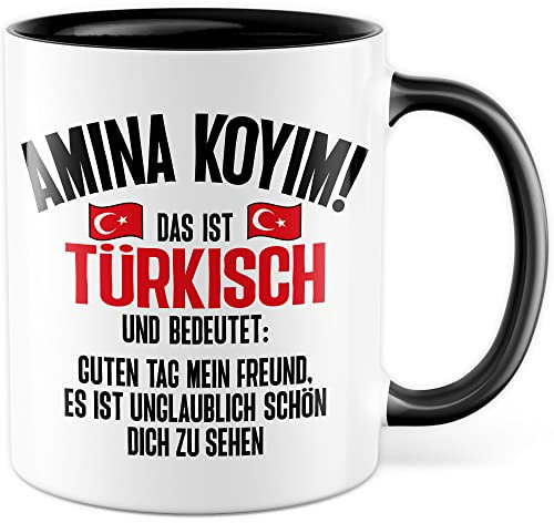 Amina Koyim Tasse lustige Kaffeetasse mit Spruch türkisch Kaffee-Becher Türken Witz Amina Koyim Geschenkidee Türke Türkin Geschenk Türkei türkisch Sarkasmus Schimpfwort Beleidigung (Weiß/Schwarz)