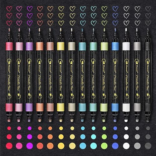 Hmeuest 14 Metallic Pens, Dual Tip Metallic Paint Pens for Black Paper, Scrapbook Accessories, Metallic Marker Pens for Rock Ceramic Glass, Art Supplies