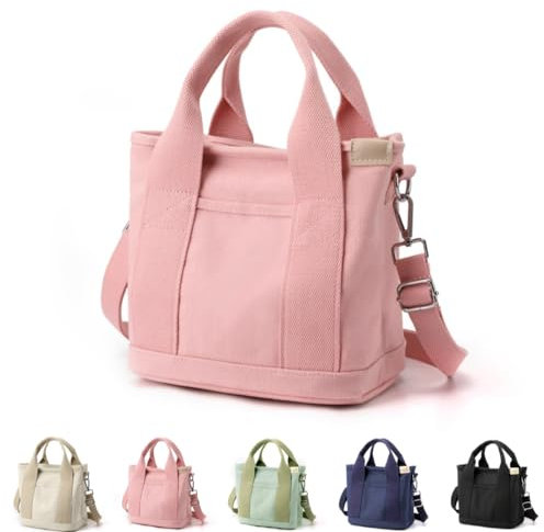 HINGTAT Borsa tote per donna in tela di grande capacità multi-tasca borse a tracolla con cerniera borsa a tracolla borsa vintage Tote Shopping Bag per la scuola Shopping Travel, 01-Rosa-Small