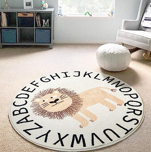 Sedefen Teppich Rund 120cm Kinderzimmer Mädchen Tiere Motive Löwe Weiß Kinderteppich Waschmaschinenfest rutschfest Flauschig Teppich für Schlafzimmer Wohnzimmer