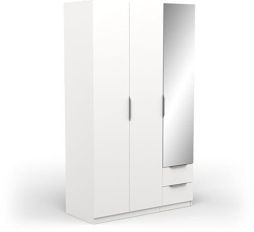 Demeyere Armoire Dressing avec Miroir & Penderie Moderne 3 Portes 2 Tiroirs 4 Niches – Coloris Blanc Mat - 119,4 x 51,1 x 203 cm