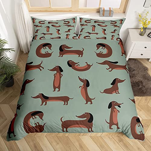 GIENDI Bettwäsche 200x220 Dackel Bettbezug 3pcs, Microfaser Atmungsaktive Bettwäsche-Set für Allergiker, mit Verdecktem Reißverschluss und 2 Kissenbezug 80x80, Cartoon-Hund Brauner Dackel,110g/m²
