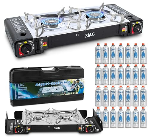 ZMC Camping Gaskocher 2-flammig inkl. Adapter für LPG Anschluss + 28 Gaskartuschen 227g + Aufbewahrungskoffer, Wärmeleistung: 2,5KW, Campingkocher mit Piezozündung für Outdoor und Innenraum