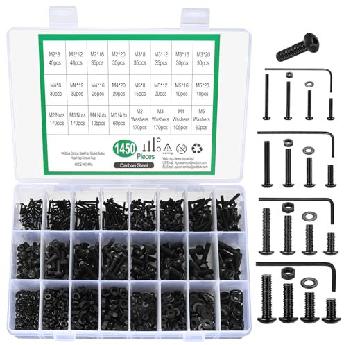 M2 M3 M4 M5 Schrauben Set, 1450 Stück Schrauben und Muttern Unterlegscheiben Set, Knopfschrauben, Rund Innensechskantschrauben, Linsenkopf Gewindeschrauben Set, mit Schraubenschlüssel