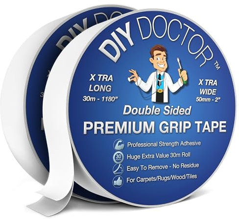 DIY Doctor Double Sided Carpet Tape Heavy Duty, (2 Pack) 50mm x 30m No Residue Extra Strong Sticky Rug Grip Adhesive Tape, Long-Lasting for Home & Professional Use