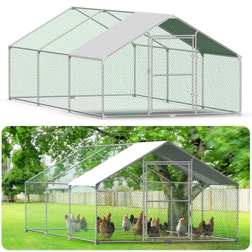 Kidsgigglz Freilaufgehege Hühnerstall,Hühnerkäfig mit Schloss、PVC-Beschichtetes Schatten Dach,Freigehege Aus Verzinktem Metall,Hühnergehege Voliere,Geflügelstall für Hühner Hasen Kleintiere,3X6M