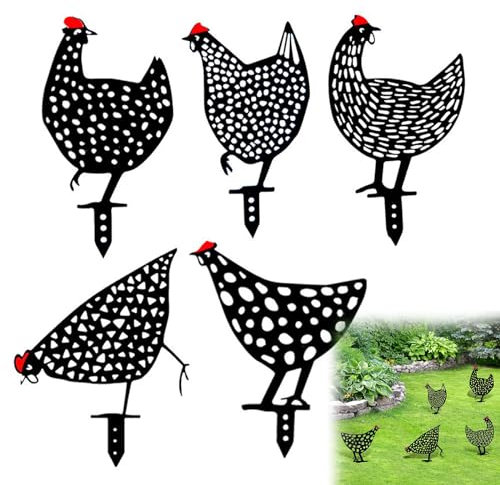 xlwen 5Pcs Hahn Tier Silhouette Pfahl,Henne Huhn Hof Kunst Dekorative, Huhn Deko Handarbeit Gartenstatuen,Metall Huhn Hof Kunst für Rasen Garten Hinterhöfe Dekoration Ornament