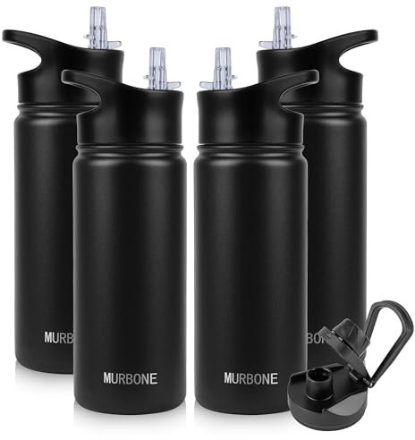 MURBONE Edelstahl Trinkflasche 500ml (+2 Deckel)-mit Strohhalm,BPA frei,Thermosflasche Auslaufsicher,Kohlensäure Geeignet,Thermoskanne Vakuum Doppelwandisolierung für Sport, Reisen, Camping(4er Set)