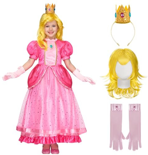 Spooktacular Creations 5 Pezzi Abito da Principessa Ragazza, Costume Rosa Pesca con Parrucca, per Compleanno, Cosplay, Festa di Halloween.(Piccolo (5-7 Anni))