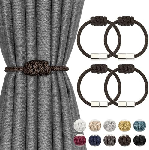 Pretty Jolly 4 Pack Mini Magnetic Curtain Tiebacks Modern Simple Style Drape Tie Backs Elegant Hand Weave Rope Knot Decorative Curtain Holdbacks for Home & Office Window Drapery (Black)