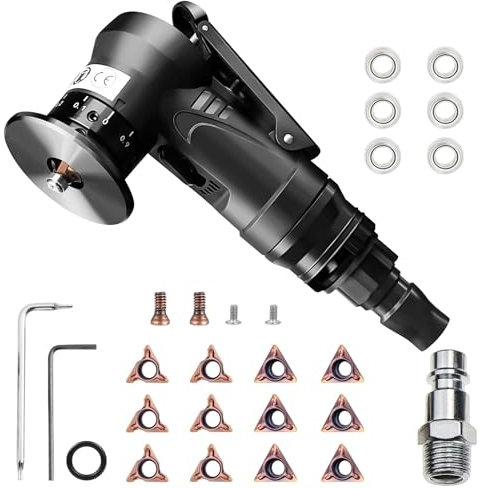 2-in-1 Pneumatische Anfasmaschine | Mini Luftfasenwerkzeug | Pneumatisches Anfaswerkzeug Bogenecke | 45 Grad kantenfräse für Metalltrimmen und Entgraten (6R+6CWinkeleinsätze+6 Lager)