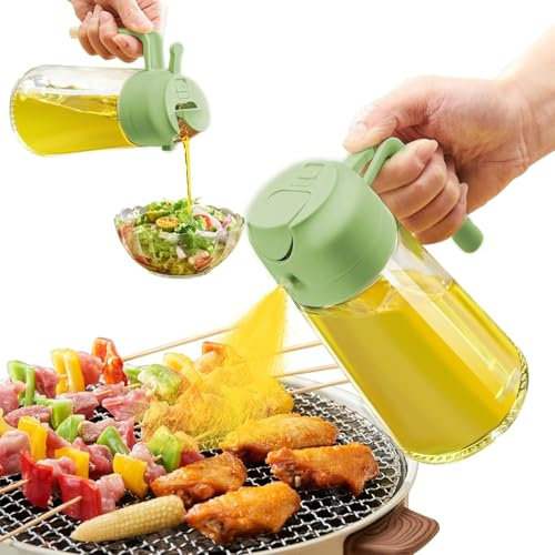 2 in 1 Oil Dispenser and Sprayer 16oz/470ml, Oil Spray Bottle for Cooking, Kitchen, Salad, Barbecue Black, Olive Oil Spray Bottle, Oil Dispenser for Kitchen, Oil Sprayer for Cooking Air Fryer (Green)