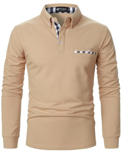 STTLZMC Mens Long Sleeve Polo Shirts Plaid Collar Basic Casual T-Shirt #23 Khaki XL