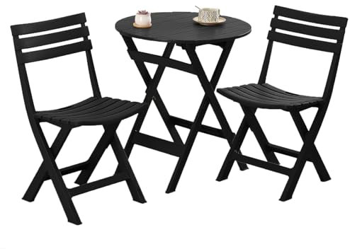 KAIHAOWIN Bistroset 3-teilig, Bistrotisch Mit 2 Stühlen Klappbare Balkontisch Set 2 Personen, Kleiner Gartentisch Kunststoff Mit 2 Stühlen, Balkonmöbel für Garten, Balkon, Schwarz