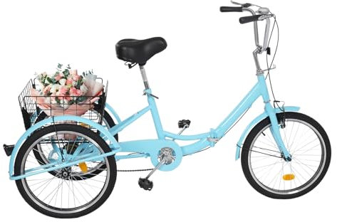 chennnls 20 Zoll Klappbares Dreirad-Fahrrad, Erwachsene Dreirad 3 Rad Fahrrad mit Shopping Korb (blau)
