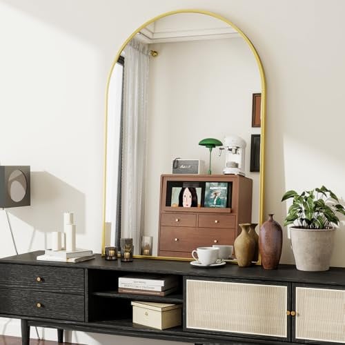 BEAUTYPEAK Bogen Wandspiegel mit Gold, 75x100 cm Bruchsichere Aluminiumlegierung Rahmen Bad Spiegel, Wand montierbar und zuverlässige Bogen Wandspiegel, geeignet für Schlafzimmer, Eingang, Bad