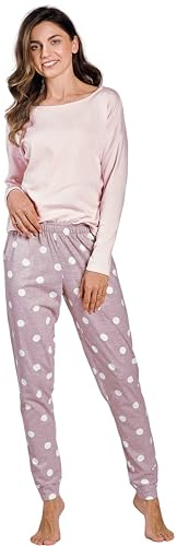 Mademoiselle Sommeil Damen Pyjama Set | Zartrosa Oberteil & Hellrosa Hose mit Weißen Punkten | Langarm Schlafanzug aus 100% Baumwolle | Bequem und Stilvoll für Herbst & Winter