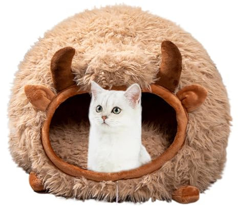 Covered Cat Bed in Yak Shape, Winter Cat Cave for Small and Medium Pets, Washable Semi-Enclosed Cat House, Cozy Indoor Cat Nest and Dog Tent Bed Yak-Shaped Cat Bed for Winter, Semi-Enclosed Indoor Cat