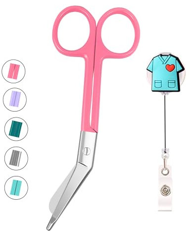 YUME Tijeras Enfermería de Acero Inoxidable con Punta Roma + Llavero Retráctil de Regalo | Tijeras Punta Pico de Pato | Regalos Perfectos para Enfermeras | TCAE accesorios (ROSA)