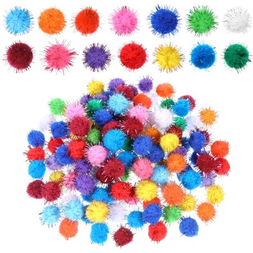 Jeffdad 100 Stück Bunte Pompons zum Basteln, Glitzer Pompons, Filzkugeln, Mini Pompons, Flauschige Plüsch Bälle, 2cm, für DIY Kreative Handwerk, Nähen, Dekorationen, Bunt, 2cm/0.79inch(Stil B)