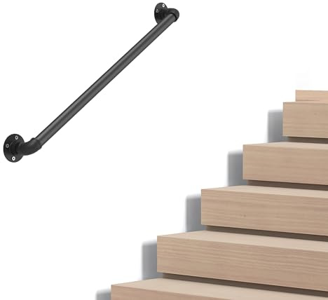 Industrial Pipe Stair Handrail, Wall-Mounted Metal Hand Rail for Indoor & Outdoor Steps, Black Galvanized Iron, Vintage Farmhouse Style, Heavy Duty Support for Stairs & Porch (Black, 2ft)