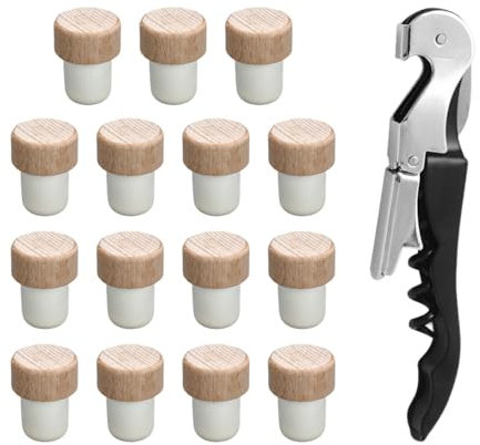 15 Pieces Wooden Stoppers and 1 Multifunctional Bottle Opener, Wine Bottle Sealing Stopper, Wine Bottle Accessories, Metal Bottle Opener, Reusable Wine Bottle Stopper