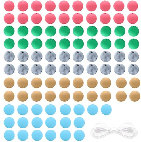 Silicone Beads for Keychain Making, 100 PCS 15mm Silicone Beads Bulk, Round Silicones Bead, Colorful Braclet Bead Adult Jewellery Making Kit for Bracelets Pens Crafts Jewelry Make(5 Colors)