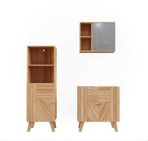 Vicco Badmöbel-Set Bambus Lucie, bestehend aus Bad Spiegelschrank, Waschbeckenunterschrank, Midischrank - Viel Stauraum Oben und unten