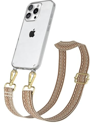 EAZY CASE Handykette - Verstellbares Taschenband kompatibel mit iPhone 16 Pro, Schulterriemen, Handykordel mit Silikon Hülle, Umhängetasche, Beige Braun Gold