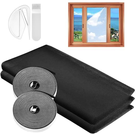 Window Mesh Insect Screen, 2PCS DIY Self-Adhesive Insect Netting for Window | 150X180CM Window Bug Screen Mosquito Fly Net with A Rolls of Hook Sticky Tape, Suitable for Many Types of Windows Black
