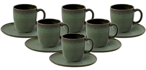 like. by Villeroy & Boch - Lave Vert Kaffeetassen mit Untertassen 6er Set, 190 ml, Kaffee-Set für 6 Personen, Steingut-Kollektion im Pottery-Stil, Grün