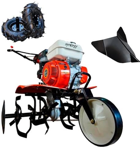 Synergy Motoazada Gasolina Blademaster OHV 208cc 7-7,5CV Motor 4 Tiempos 90cm Regulables+ con Ruedas Agricola de 400 x 8 con 3 Marchas, Asurcador Kit agrícola con Marcha Atrás