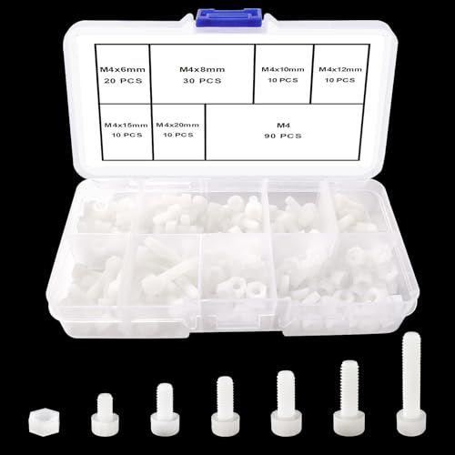 Lyeteung 90 Juegos 6 Tamaños M4 Kit de Tornillos y Tuercas de Nailon, Tornillos de Cabeza Hueca Hhexagonal de Nailon, Tuercas Hexagonales Plástico, Blanco