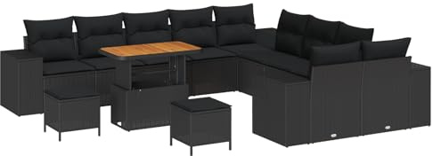 vidaXL Garten-Sofa-Set mit Kissen 13 pcs Schwarz 90 x 55 x 71 cm, Garten- und Terrassenlounge, modernes Outdoor-Sofa, verstellbare Füße, Stauraum für Frühling und Sommer