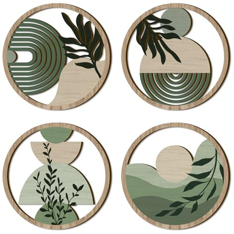 TOARTi 4PCS Green Boho Wooden Wall Art Decor Bohemian Botanical Hanging Wooden Sign Minimalist Hanging Art Wall Decor for Farmhouse Bedroom Living Room Office,11x11inch