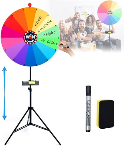Wuciray 60cm Ruleta Giratoria de Premios de Pie Grande Ruleta de la Suerte Altura Ajustable 100-200cm Roda de Premios Giratoria Grande Rueda de la Fortuna con 14 Ranuras Pizarra 24 para Fiesta Ferias