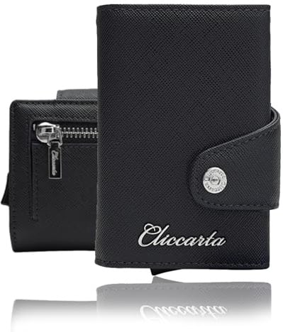 CLICCARTA® Portafoglio Uomo Slim RFID, Porta Carte Uomo Donna con Portamonete e Scomparto Banconote, Compatto ed Elegante, Idea Regalo, Capienza 12 Carte, 20 Banconote e 10 Monete – Nero Saffiano