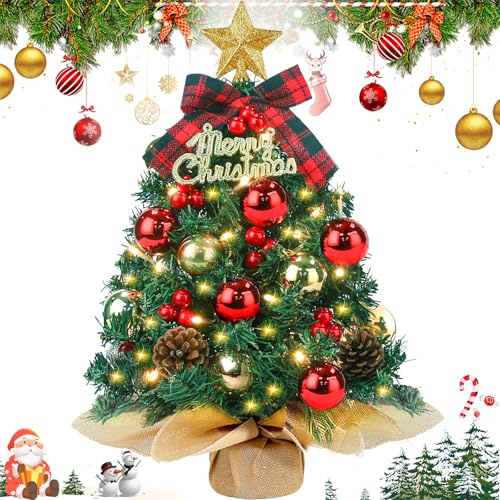 Vleuexe Mini Weihnachtsbaum mit 30 warmweiß LEDs,Christbaum künstlich mit Batteriebox mit Stern-Baumspitze,Weihnachtsdeko rot,klein Tannenbaum künstlich für Tischdeko,DIY,Weihnachten,Advent,ca. 50cm