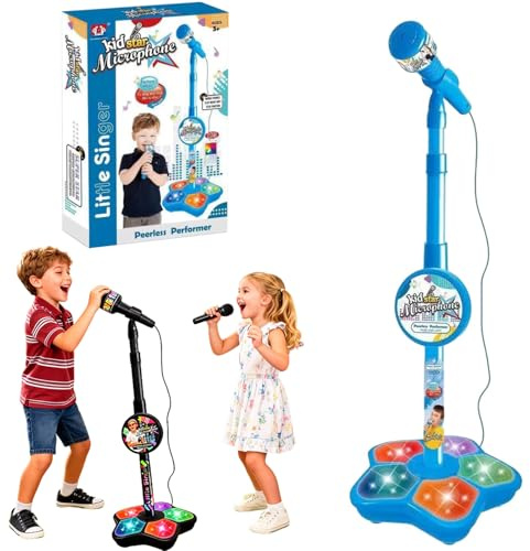 Portable Kids Karaoke Microphone with Stand, Adjustable Stand Lights，Bluetooth Toy Microphone with Built-in Music, 5 LED Lights & Echo Effect, Singing Machine Gift for Girls & Boys (Blue)