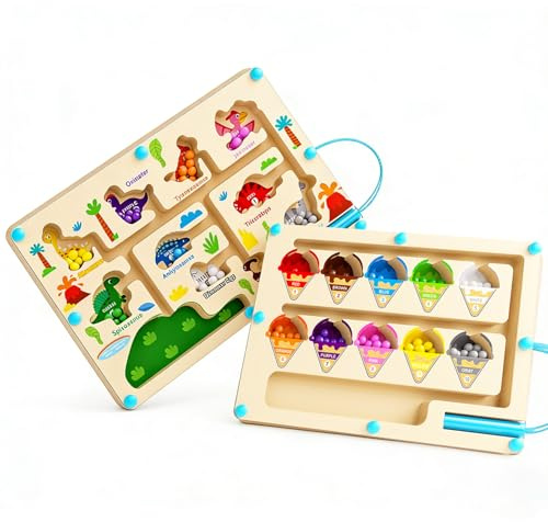 xolear 2 Stück Magnetspiel Labyrinth Kinder ab 3 Jahre, Zahlen Farben Lernen Sortierspiel Montessori Spielzeug, Kinder Magnet Motorikspielzeug Holz Lernspielzeug Geschenk für Jungen und Mädchen