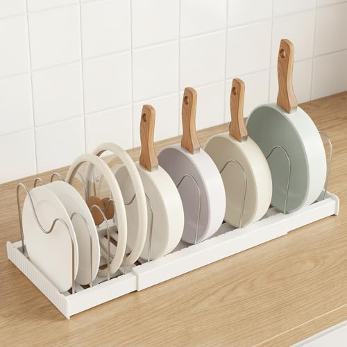 AOOTE Organizador Sartenes Y Ollas Cajon,32-57 cm Organizador de Sartenes y Ollas Extensible,Cajones Soporte Sartenes De Cocina con 9 Separadores Ajustables para Almacenaje de Tapas,Ollas,Sartenes