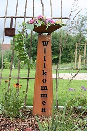 Rostikal Rost Deko Säule Willkommen 1,10 m mit Pflanzschale Edelrost Gartendeko Vintage