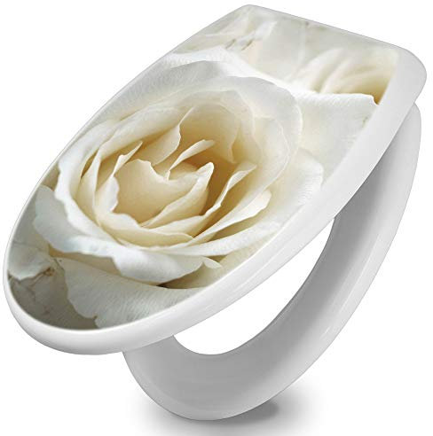 banjado Toilettendeckel mit Absenkautomatik 44,5x37cm / WC Sitz mit Absenkautomatik/Toilettensitz Duroplast mit Edelstahl Scharnieren/Klodeckel mit Absenkautomatik Motiv White Roses