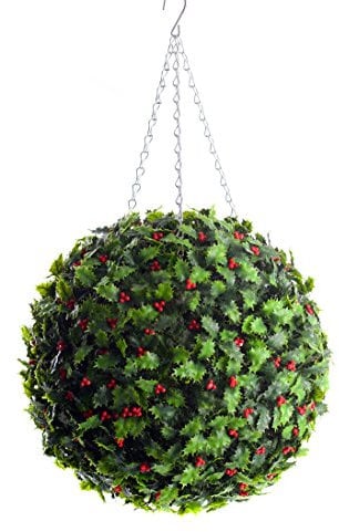 Best Artificial 38cm Holly Ball Christmas Topiary Xmas Hanging Basket