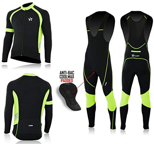 Sikma Mens Cycling Jersey + Bib Tight Set Thermal Cold Wear Long Sleeves Bicycling Top/Pants Set (Black/Green, XX-Large)