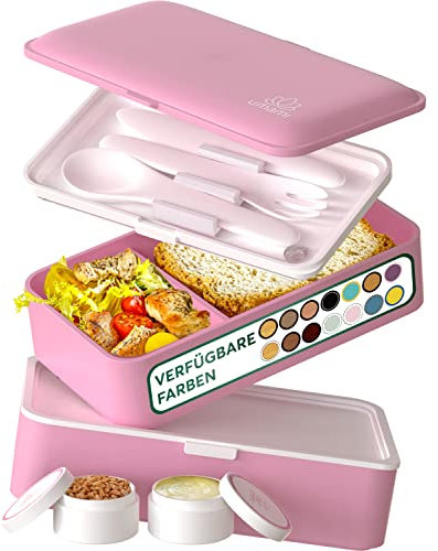 Umami Lunchbox Erwachsene, Auslaufsichere Bento Box mit Fächern und 4 Bestecke, Brotdose Erwachsene, Salatbehälter To-Go, Lunch Box für Picknick/Büro, Kawaii Pink, 1200 ml